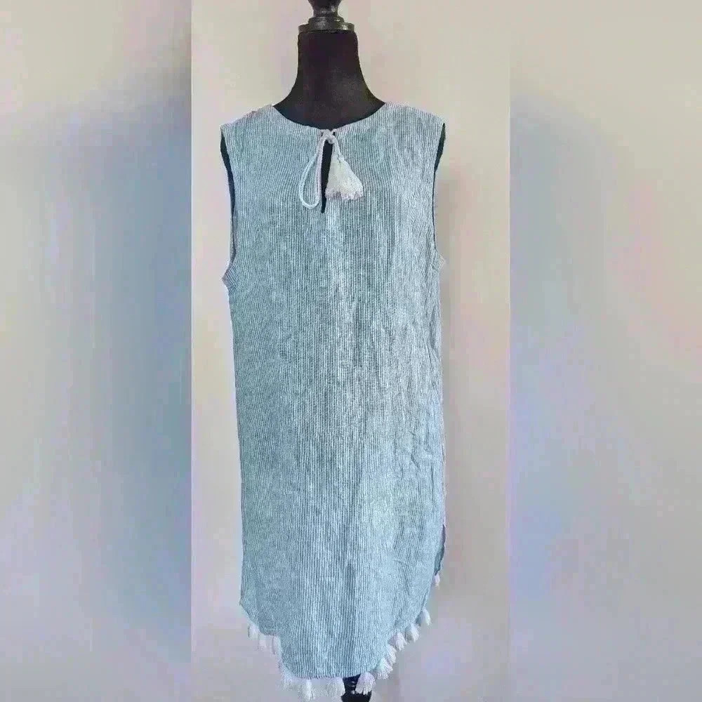 Tahari Women's Blue Striped Semi-Sheer Dress Cover-Up Size Medium Tassel Hem